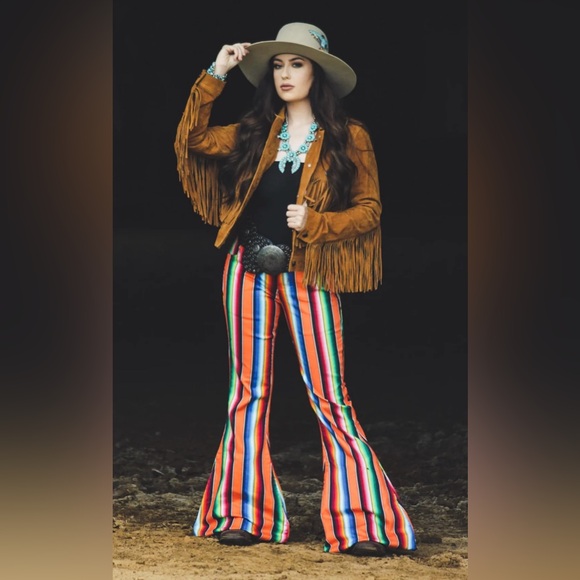 New Ranch Dressn Fallon Taylor Orange Serape Super Flares Flare Denim Jeans 00 - Picture 8 of 12